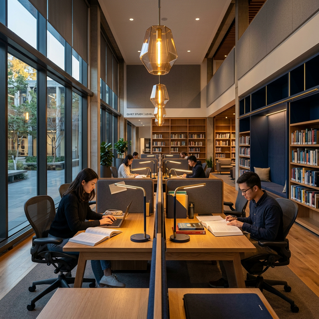 Students studying in a modern library